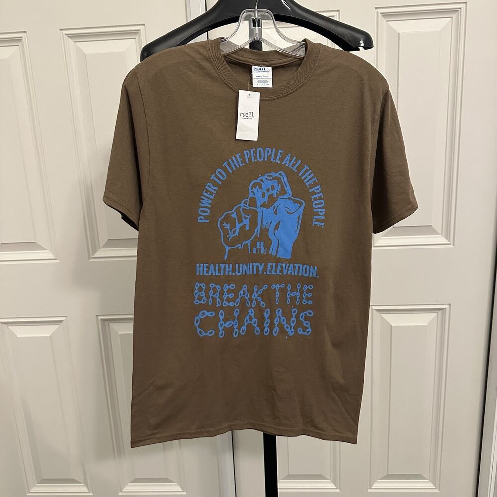 NWT Break the Chains Guys Graphic Tee T-Shirt Brown Health Unity Size S